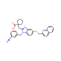 N#Cc1cccc(Cn2c(CC3(C(=O)O)CCCC3)nc3cc(OCc4ccc5ccccc5n4)ccc32)c1 ZINC000219522880