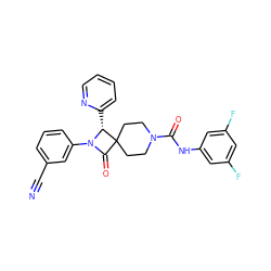 N#Cc1cccc(N2C(=O)C3(CCN(C(=O)Nc4cc(F)cc(F)c4)CC3)[C@H]2c2ccccn2)c1 ZINC000058599385