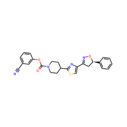 N#Cc1cccc(OC(=O)N2CCC(c3nc(C4=NO[C@@H](c5ccccc5)C4)cs3)CC2)c1 ZINC000653845061