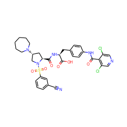 N#Cc1cccc(S(=O)(=O)N2C[C@H](N3CCCCCC3)C[C@H]2C(=O)N[C@@H](Cc2ccc(NC(=O)c3c(Cl)cncc3Cl)cc2)C(=O)O)c1 ZINC000049763245