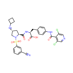 N#Cc1cccc(S(=O)(=O)N2C[C@H](NC3CCC3)C[C@H]2C(=O)N[C@@H](Cc2ccc(NC(=O)c3c(Cl)cncc3Cl)cc2)C(=O)O)c1 ZINC000049898142