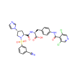 N#Cc1cccc(S(=O)(=O)N2C[C@H](n3ccnc3)C[C@H]2C(=O)N[C@@H](Cc2ccc(NC(=O)c3c(Cl)cncc3Cl)cc2)C(=O)O)c1 ZINC000049763227