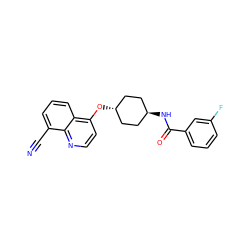 N#Cc1cccc2c(O[C@H]3CC[C@H](NC(=O)c4cccc(F)c4)CC3)ccnc12 ZINC001772624619