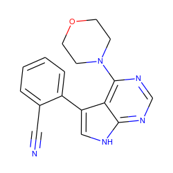 N#Cc1ccccc1-c1c[nH]c2ncnc(N3CCOCC3)c12 ZINC000210733459