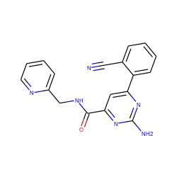 N#Cc1ccccc1-c1cc(C(=O)NCc2ccccn2)nc(N)n1 ZINC000045390087