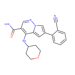 N#Cc1ccccc1-c1cc2c(NC3CCOCC3)c(C(N)=O)cnn2c1 ZINC000261094279