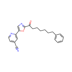 N#Cc1ccnc(-c2cnc(C(=O)CCCCCCc3ccccc3)o2)c1 ZINC000034803755