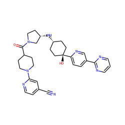 N#Cc1ccnc(N2CCC(C(=O)N3CC[C@H](N[C@H]4CC[C@@](O)(c5ccc(-c6ncccn6)cn5)CC4)C3)CC2)c1 ZINC000261114391