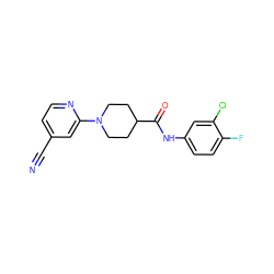 N#Cc1ccnc(N2CCC(C(=O)Nc3ccc(F)c(Cl)c3)CC2)c1 ZINC000287522624