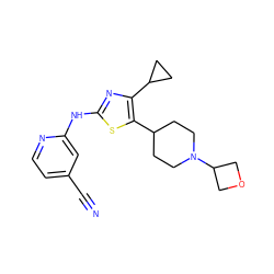 N#Cc1ccnc(Nc2nc(C3CC3)c(C3CCN(C4COC4)CC3)s2)c1 ZINC000473160706