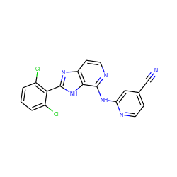 N#Cc1ccnc(Nc2nccc3nc(-c4c(Cl)cccc4Cl)[nH]c23)c1 ZINC000118746580