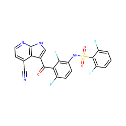 N#Cc1ccnc2[nH]cc(C(=O)c3c(F)ccc(NS(=O)(=O)c4c(F)cccc4F)c3F)c12 ZINC000113504785