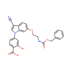 N#Cc1cn(-c2ccc(C(=O)O)c(O)c2)c2cc(OCCNC(=O)OCc3ccccc3)ccc12 ZINC000113275871