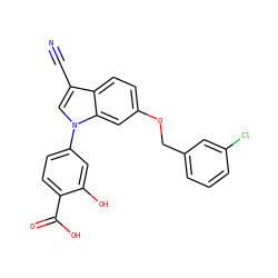 N#Cc1cn(-c2ccc(C(=O)O)c(O)c2)c2cc(OCc3cccc(Cl)c3)ccc12 ZINC000202401303