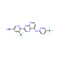 N#Cc1cnc(-c2cnc3c(Nc4ccc(C(F)(F)F)cn4)ccnc3n2)c(C(F)(F)F)c1 ZINC000058564005