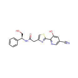 N#Cc1cnc(-c2nc(CC(=O)N[C@H](CO)c3ccccc3)cs2)c(O)c1 ZINC000147765172