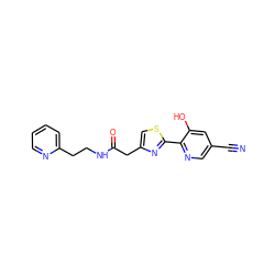 N#Cc1cnc(-c2nc(CC(=O)NCCc3ccccn3)cs2)c(O)c1 ZINC000148188802