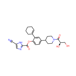 N#Cc1cnc(C(=O)Oc2ccc(C3CCN(C(=O)[C@H](O)CO)CC3)cc2C2=CCCCC2)[nH]1 ZINC000169701496