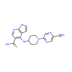 N#Cc1cnc(N2CCC(Nc3c(C(N)=O)cnc4[nH]ccc34)CC2)cn1 ZINC000201408676