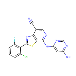 N#Cc1cnc(Nc2cc(N)ncn2)c2sc(-c3c(F)cccc3Cl)nc12 ZINC000114603509