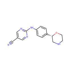 N#Cc1cnc(Nc2ccc([C@H]3CNCCO3)cc2)nc1 ZINC000149996179