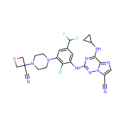 N#Cc1cnc2c(NC3CC3)nc(Nc3cc(C(F)F)cc(N4CCN(C5(C#N)COC5)CC4)c3Cl)nn12 ZINC000169711938