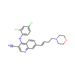 N#Cc1cnc2cc(/C=C/CCN3CCOCC3)ccc2c1Nc1ccc(Cl)cc1Cl ZINC000049054301