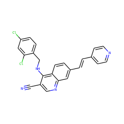 N#Cc1cnc2cc(/C=C/c3ccncc3)ccc2c1NCc1ccc(Cl)cc1Cl ZINC000026270215