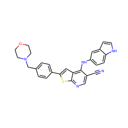 N#Cc1cnc2sc(-c3ccc(CN4CCOCC4)cc3)cc2c1Nc1ccc2[nH]ccc2c1 ZINC000029046567