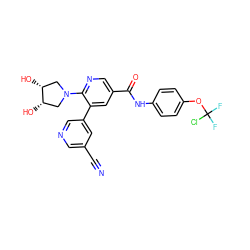 N#Cc1cncc(-c2cc(C(=O)Nc3ccc(OC(F)(F)Cl)cc3)cnc2N2C[C@H](O)[C@H](O)C2)c1 ZINC001772625759