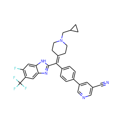 N#Cc1cncc(-c2ccc(C(=C3CCN(CC4CC4)CC3)c3nc4cc(C(F)(F)F)c(F)cc4[nH]3)cc2)c1 ZINC000038157857