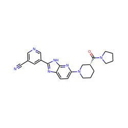 N#Cc1cncc(-c2nc3ccc(N4CCC[C@@H](C(=O)N5CCCC5)C4)nc3[nH]2)c1 ZINC001772639652