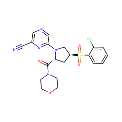 N#Cc1cncc(N2C[C@@H](S(=O)(=O)c3ccccc3Cl)C[C@@H]2C(=O)N2CCOCC2)n1 ZINC000168386060