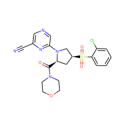 N#Cc1cncc(N2C[C@@H](S(=O)(=O)c3ccccc3Cl)C[C@H]2C(=O)N2CCOCC2)n1 ZINC000096172345