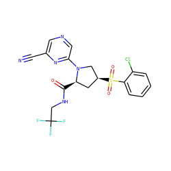 N#Cc1cncc(N2C[C@@H](S(=O)(=O)c3ccccc3Cl)C[C@H]2C(=O)NCC(F)(F)F)n1 ZINC000167762774