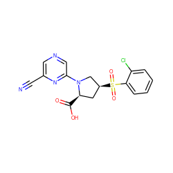 N#Cc1cncc(N2C[C@@H](S(=O)(=O)c3ccccc3Cl)C[C@H]2C(=O)O)n1 ZINC000168370169