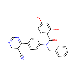 N#Cc1cncnc1-c1ccc(N(Cc2ccccc2)C(=O)c2ccc(O)cc2O)cc1 ZINC000653678245