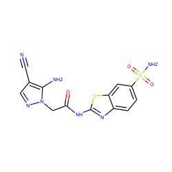 N#Cc1cnn(CC(=O)Nc2nc3ccc(S(N)(=O)=O)cc3s2)c1N ZINC000473108804