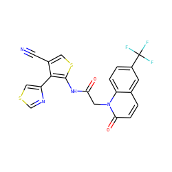 N#Cc1csc(NC(=O)Cn2c(=O)ccc3cc(C(F)(F)F)ccc32)c1-c1cscn1 ZINC000072181483