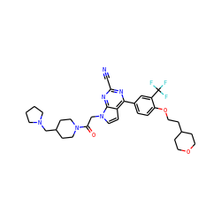 N#Cc1nc(-c2ccc(OCCC3CCOCC3)c(C(F)(F)F)c2)c2ccn(CC(=O)N3CCC(CN4CCCC4)CC3)c2n1 ZINC001772637644