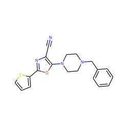 N#Cc1nc(-c2cccs2)oc1N1CCN(Cc2ccccc2)CC1 ZINC000054061436