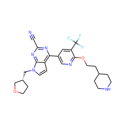 N#Cc1nc(-c2cnc(OCCC3CCNCC3)c(C(F)(F)F)c2)c2ccn(C[C@@H]3CCOC3)c2n1 ZINC001772623157