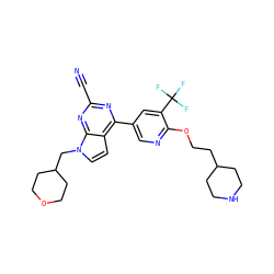 N#Cc1nc(-c2cnc(OCCC3CCNCC3)c(C(F)(F)F)c2)c2ccn(CC3CCOCC3)c2n1 ZINC000220674183