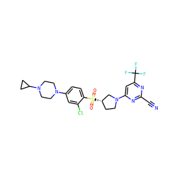 N#Cc1nc(N2CC[C@H](S(=O)(=O)c3ccc(N4CCN(C5CC5)CC4)cc3Cl)C2)cc(C(F)(F)F)n1 ZINC000168493906