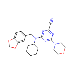 N#Cc1nc(N2CCOCC2)nc(N(Cc2ccc3c(c2)OCO3)C2CCCCC2)n1 ZINC000096928158