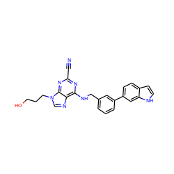 N#Cc1nc(NCc2cccc(-c3ccc4cc[nH]c4c3)c2)c2ncn(CCCO)c2n1 ZINC000045303312