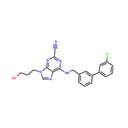 N#Cc1nc(NCc2cccc(-c3cccc(Cl)c3)c2)c2ncn(CCCO)c2n1 ZINC000045245439