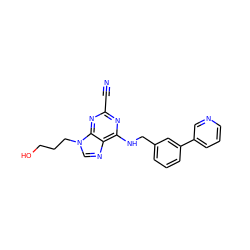 N#Cc1nc(NCc2cccc(-c3cccnc3)c2)c2ncn(CCCO)c2n1 ZINC000040973346