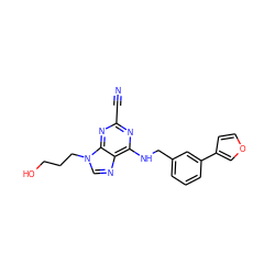 N#Cc1nc(NCc2cccc(-c3ccoc3)c2)c2ncn(CCCO)c2n1 ZINC000040973312