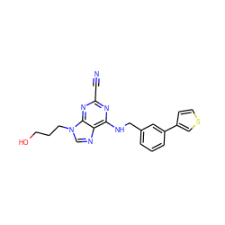 N#Cc1nc(NCc2cccc(-c3ccsc3)c2)c2ncn(CCCO)c2n1 ZINC000040974866